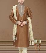 Coffee Brown Embroidered Art Silk Mens Kurta Pajama