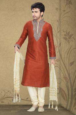 Rust Embroidered Art Silk Mens Kurta Pajama 1
