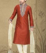 Rust Embroidered Art Silk Mens Kurta Pajama