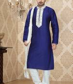 Royal Blue Embroidered Art Silk Mens Kurta Pajama