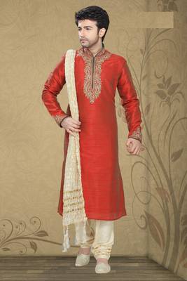 Marron Embroidered Art Silk Mens Kurta Pajama 1