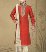 Marron Embroidered Art Silk Mens Kurta Pajama