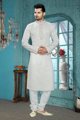 Light Grey Embroidered Synthetic Mens Kurta Pajama 1