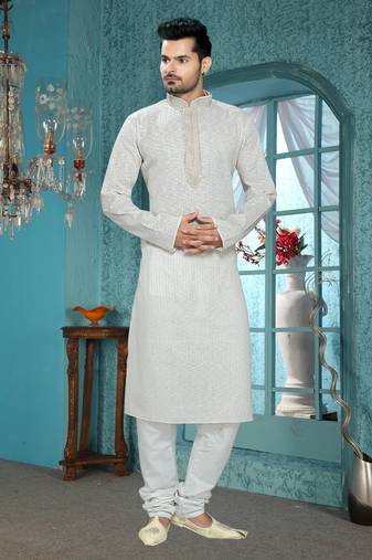 Light Grey Embroidered Synthetic Mens Kurta Pajama