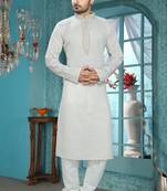 Light Grey Embroidered Synthetic Mens Kurta Pajama