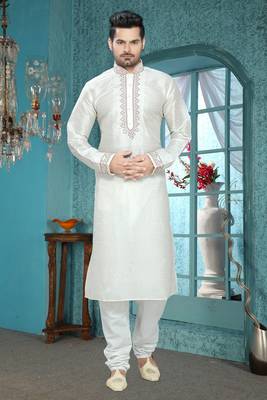 Off White Embroidered Art Silk Mens Kurta Pajama 1