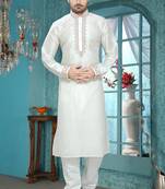 Off White Embroidered Art Silk Mens Kurta Pajama