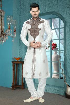 Off White Embroidered Art Silk Mens Kurta Pajama 1