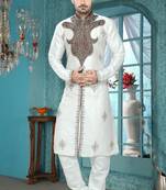 Off White Embroidered Art Silk Mens Kurta Pajama