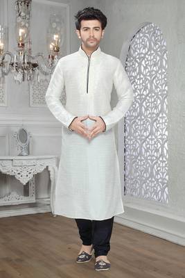 Off White Embroidered Art Silk Mens Kurta Pajama 1