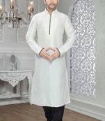 Off White Embroidered Art Silk Mens Kurta Pajama