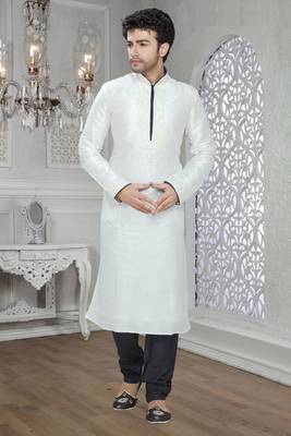 Off White Embroidered Art Silk Mens Kurta Pajama 1