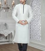 Off White Embroidered Art Silk Mens Kurta Pajama