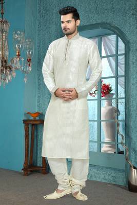 Cream Embroidered Art Silk Mens Kurta Pajama 1