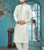 Cream Embroidered Art Silk Mens Kurta Pajama