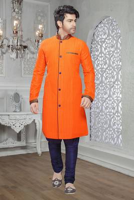 Orange (Mustard) Embroidered Art Silk Mens Kurta Pajama 1