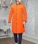 Orange (Mustard) Embroidered Art Silk Mens Kurta Pajama