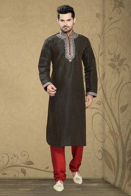 Coffee Brown Embroidered Synthetic Mens Kurta Pajama 1