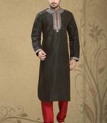Coffee Brown Embroidered Synthetic Mens Kurta Pajama