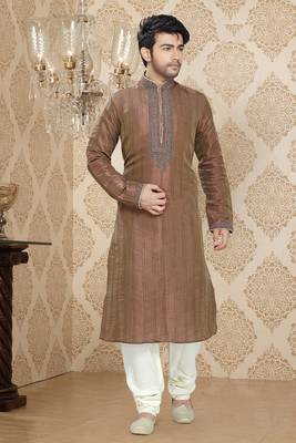 Coffee Brown Embroidered Art Silk Mens Kurta Pajama 1