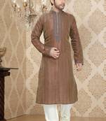 Coffee Brown Embroidered Art Silk Mens Kurta Pajama