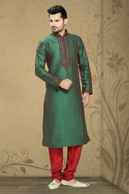 Green Embroidered Art Silk Mens Kurta Pajama 1