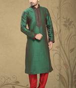 Green Embroidered Art Silk Mens Kurta Pajama