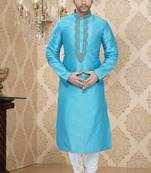 Sky Blue Embroidered Art Silk Mens Kurta Pajama