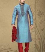 Firozi Embroidered Art Silk Mens Kurta Pajama