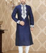 Royal Blue Embroidered Art Silk Mens Kurta Pajama