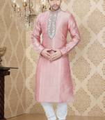 Pink Embroidered Art Silk Mens Kurta Pajama