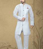 White  Embroidered Poly Cotton Mens Kurta Pajama