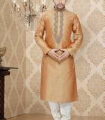 Brown Embroidered Art Silk Mens Kurta Pajama