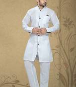 White  Embroidered Poly Cotton Mens Kurta Pajama