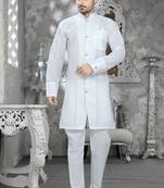 Off White Embroidered Cotton Mens Kurta Pajama