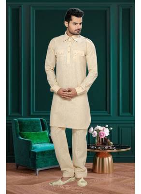 Gold Embroidered Cotton Mens Kurta Pajama 1