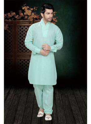 Light Green Embroidered Cotton Mens Kurta Pajama 1