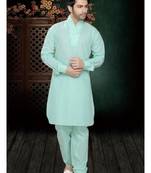 Light Green Embroidered Cotton Mens Kurta Pajama