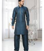 Peacock Green Embroidered Cotton Mens Kurta Pajama
