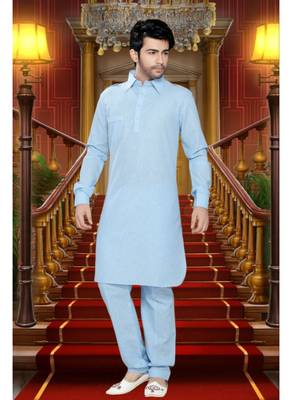 Light Blue Embroidered Cotton Mens Kurta Pajama 1