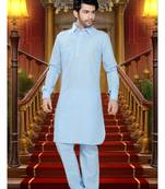 Light Blue Embroidered Cotton Mens Kurta Pajama