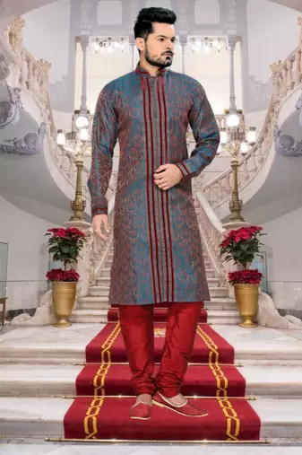 Green Embroidered Jacquard Mens Kurta Pajama
