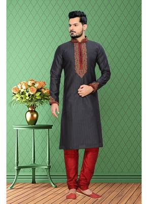 Black Embroidered Art Silk Mens Kurta Pajama 1