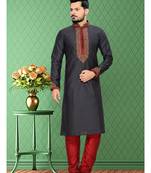 Black Embroidered Art Silk Mens Kurta Pajama