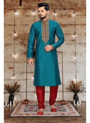 Teal Embroidered Art Silk Mens Kurta Pajama 1