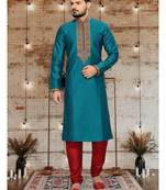 Teal Embroidered Art Silk Mens Kurta Pajama