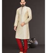 Gold  Embroidered Jacquard Mens Kurta Pajama