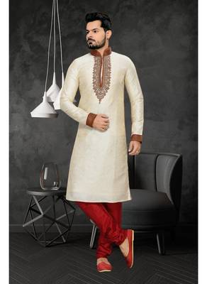 Cream Embroidered Jacquard Mens Kurta Pajama 1