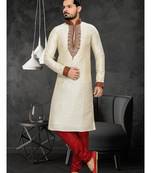 Cream Embroidered Jacquard Mens Kurta Pajama