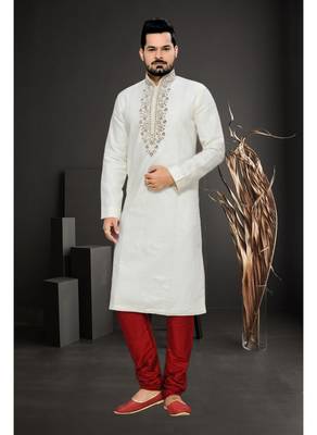 Off White Embroidered Dupion Mens Kurta Pajama 1